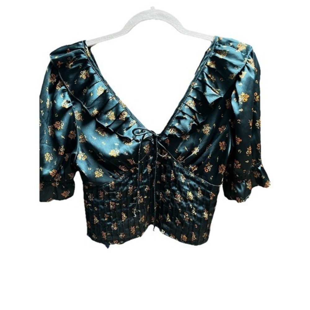 Free People Teal Floral Ditsy Boho Top size XS Short Sleeve V neck